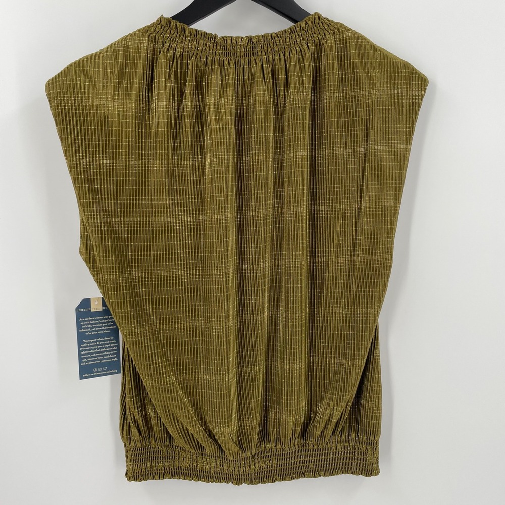 Democracy Metallic Plaid Smocked Blouse Olive Gold Cap Sleeve NWT Small - Picture 3 of 9